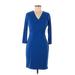 Ann Taylor Casual Dress - Sheath V-Neck 3/4 sleeves: Blue Solid Dresses - Women's Size 2 Petite