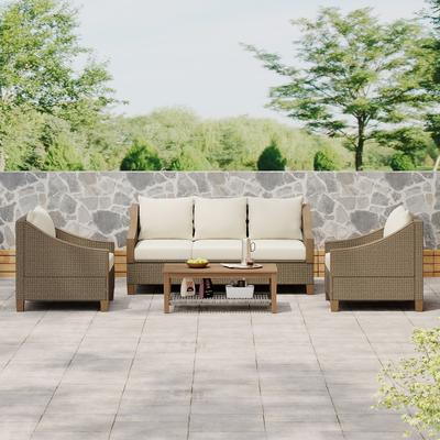 4-Piece Outdoor Sectional Sofa Set, Rattan Patio Conversation Set with Wooden Coffee Table and Cushions, Patio Furniture Set