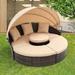 Patio Round Daybed with Retractable Canopy, 4-Piece Outdoor Wicker Rattan Furniture Sets w/Height Adjustable Coffee Table