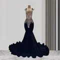 Women Sheer Luxury Long Black Girls Prom Dresses Mermaid Style Beaded Crystals Prom Party Gowns