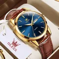 OLVES Top Brand Men's Watches Original Simple Blue Face Quartz Wristwatch for Man Waterproof Leather