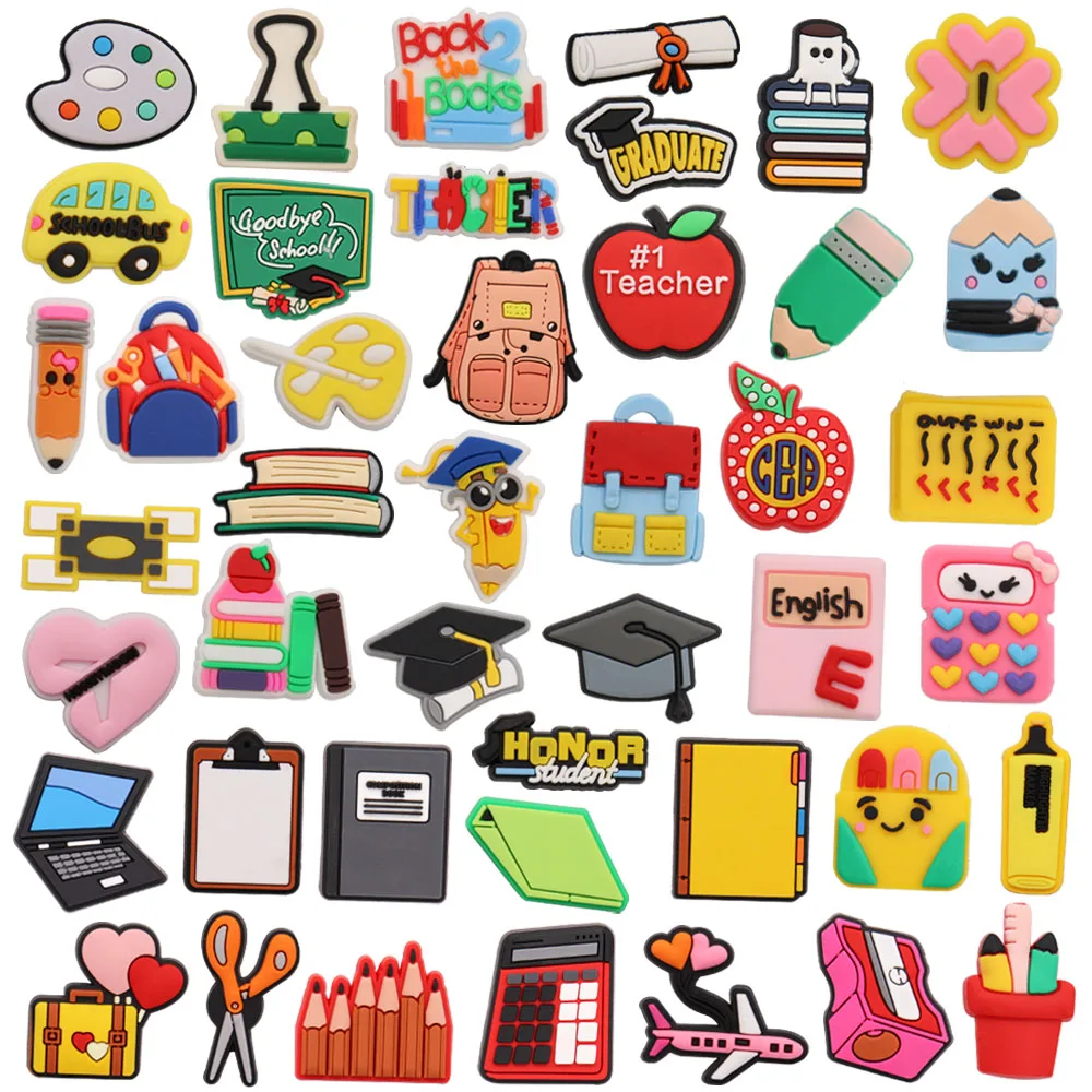 1 pz ciondoli per scarpe in PVC cartella libro laurea scuolabus insegnante zainetto sandali scarpe decorazione braccialetti adatti regalo per feste per bambini