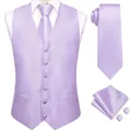 Elegante viola Mens gilet di seta cravatta Set matrimonio solido gilet giacca cravatta Hanky gemelli