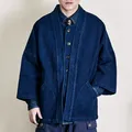 Giacca da uomo Vintage pesante indaco in cotone Kendo abito in tessuto autunno uomo blu tinto tasche