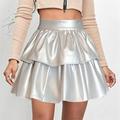 Women's Tutu Mini Skirts Ruched Patchwork Shiny Metallic Solid Colored Street Homecoming All Seasons Artificial Leather Fashion Silver Black