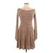 Shein Casual Dress - Mini Boatneck Long sleeves: Brown Marled Dresses - Women's Size Large