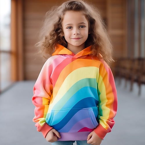 Mädchen 3D Regenbogen Kapuzenshirt Pullover Langarm 3D-Druck Herbst Winter Aktiv Modisch Kuschelig Polyester kinderkleidung 3-12 Jahre Mit Kapuze Outdoor Casual Täglich Regular Fit Image