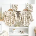 Ready Stock Baby Jumpsuit Newborn Girls Floral Prints Long Sleeves Lace Collar Romper with Hat 0-2