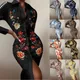 Women Turn-Down Collar Button Design Long Sleeve Skinny Shirt Dress 2023 Autumn Print Bodycon Dress