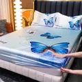 Ice Coolling Fitted Sheet Satin Bed Sheet for Double Bed Butterfly Printed Bed Cover Queen/King Bed