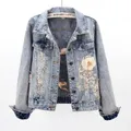 Embroidered with Rhinestones Small Outerwear Woman Jean Coat Print Sequin Graphic Diamonds Spring