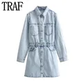 TRAF 2024 Blue Mini Denim Dress Women Vintage Jean Shirt Dress Woman Long Sleeve Short Dresses For