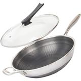 Wok Pan Stainless Steel Stir-fry Wok with Lid 13" Non Stick Skillet with Stay-cool Handle PFOA Free Suitable