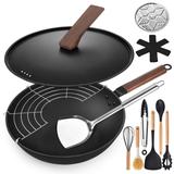 Carbon Steel Wok, 12 Piece Wok Pan & Stir-Fry Pans Set with Lid & Cookwares, No Chemical Coated Flat Bottom Chinese Wok Pan