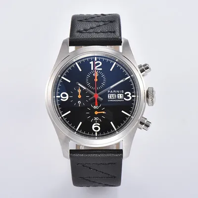 Parnis 42mm Schwarz Zifferblatt Quarz Chronograph Uhr Männer Lederband Woche Display Kalender herren