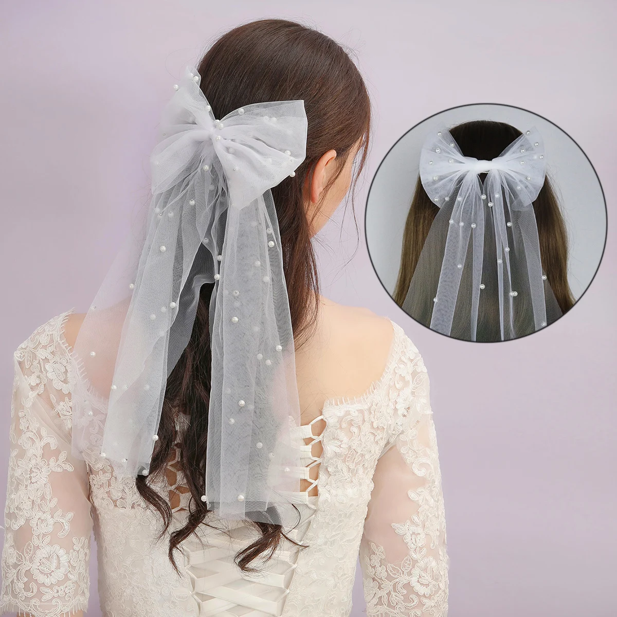 Eleganter Braut bogens ch leier mit Perle Braut hochzeits kopfschmuck kurzer Schleier zurück Kopf dekor Haarschmuck Image