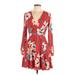 Express Casual Dress - Fit & Flare V Neck Long sleeves: Red Print Dresses - Women's Size Small