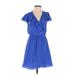 BCBGeneration Casual Dress - Mini V-Neck Short sleeves: Blue Solid Dresses - Women's Size 2X-Small