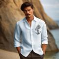 Homme Coton Lin Chemise Chemise Lin Ancre Boussole Imprimer manche longue Revers Noir, Blanche, Vert Chemise Extérieur du quotidien Vacances