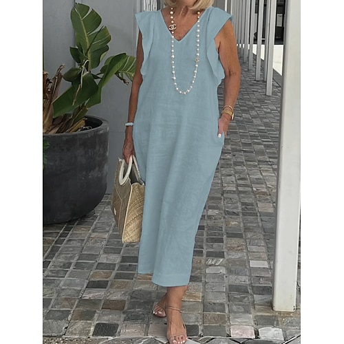 Damen Maxikleid Midikleid Shiftkleid Sommerkleid Weißes Kleid Baumwoll-Leinen-Kleider Modern Lässig Täglich Wochenende Lässiger Schnitt Einfach Ärmellos V Ausschnitt Blau Schwarz Weiß Gelb Sommer Image