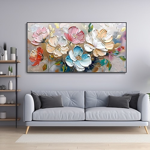 abstrakte blühende Blumen Leinwand Ölgemälde handgemalt cremefarbene Textur Malerei handgemachte Wandkunst 3D Blumengemälde handgemachte Landschaft Boho Kunst Weihnachtsgeschenk Frühlingsdekor Image