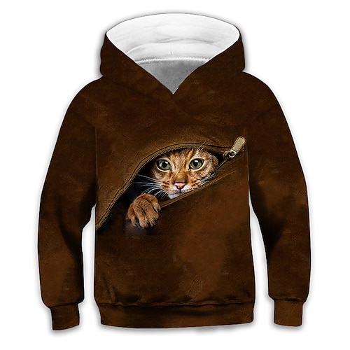 Kinder Jungen Kapuzenshirt Langarm Braun 3D-Druck Katze Tier Tasche Täglich Innen Outdoor Aktiv Modisch Täglich Sport 3-12 Jahre