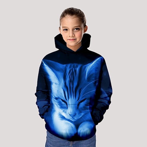 Mädchen 3D Graphic Tier Katze Kapuzenshirt Langarm 3D-Druck Frühling Herbst Winter Aktiv Täglich kinderkleidung 3-12 Jahre Schulanfang Täglich Lockere Passform Image