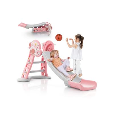 Costway 3-in-1 Folding Slide Playset with Basketball Hoop and Small Basketball-Pink