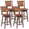 Costway Set of 4 Swivel Bar Stools Counter Height Rubber Wood Pub Chairs w/ Rattan Back Brown