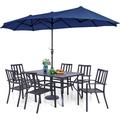 durable VILLA 5 Piece Outdoor Dining Set with 10ft Umbrella 37 Square Metal Dining Table & 4 Stacking Metal Chair with 3 Tier Beige Umbrella for Patio Deck Yard Porch