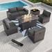 8PCS Outdoor Patio Furniture Set with 43 55000BTU Gas Propane Fire Pit Table PE Wicker Rattan Sectional Sofa Patio Conversation Sets Navy Blue