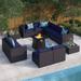 durable 8 Pieces Patio Furniture Set with 45 Plate Embossing Propane Fire Table Outdoor PE Rattan Sectional Sofa Set Patio Gas Fire Pit Conversation Set with Blue Cushions & Glas