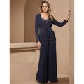 Jumpsuit / Pantsuit 3 Piece Mother of the Bride Dress Elegant Casual Jewel Neck Floor Length Chiffon Sleeveless Long Sleeve Wrap Included with Ruched Beading 2024