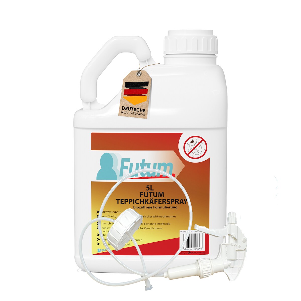 FUTUM 5L Teppichkäferspray bekämpft Insekten, Eier, Larven, Insektenspray ohne Biozide auf Wasserbasis, Sofortwirkung ohne Flecken + 5L Sprüher Image