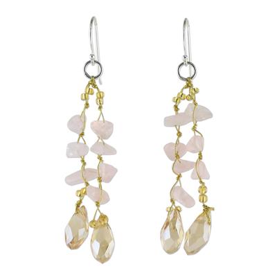 Crystalline Drops,'Rose Quartz and Glass Bead Dangle Earrings from Thailand'