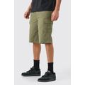 Mens Green Elastic Waist Khaki Relaxed Fit Longer Length Cargo Shorts, Green