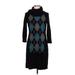 DressBarn Casual Dress - Sweater Dress High Neck 3/4 sleeves: Black Print Dresses - Women's Size Large