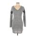 Almost Famous Casual Dress - Mini V-Neck Long sleeves: Gray Marled Dresses - Women's Size Large