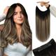 YoungSee Wire Hair Extensions Ombre Black Hidden Wire Hair Extensions Real Human Hair Black to Dark Brown with Blonde Balayage Hair Extensions with Transparent Lines Hair Piece Extensions 14Inch 80G