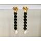 18K Gold Plated Dangle Drop Long Cascade Heart Stud Earrings With Black Glass Beads & Bold Natural Freshwater Pearls - Pair