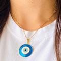 Blue Evil Eye Coin Necklace, 18K Gold Filled Medallion Beaded Lucky Charm, Protection Jewelry