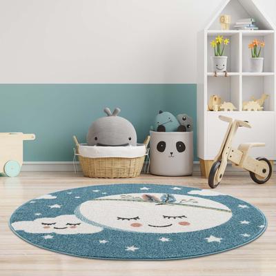 Kinderteppich CARPET CITY "Anime9383", blau, H:11mm Ø:120cm, Polypropylen (PP), Teppiche, Spielteppich, Sternen-Teppich mit Mond, Weicher Flor, Pflegeleicht, Kinderzimmer Image