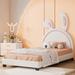 Full Size Upholstered Leather Platform Bed, with Rabbit Ornament and Leather Headboard, White