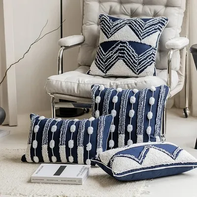 Boho Marineblauer getufteter Kissenbezug, geometrische Schlaufen-Tufting-Kissenbezüge, Image