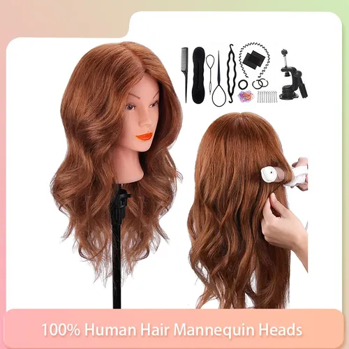 100% Echthaar Puppen kopf zum Locken Glätten Färben Flechten Friseur dunkelbraun Mannequin Kopf