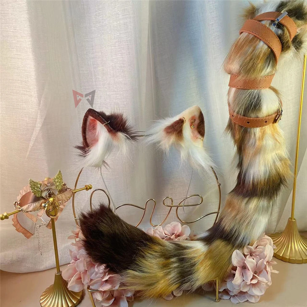 Neue handgemachte Arbeit drei Felinae Katzenohren Hairhoop Schwanz Halskette Ohrringe Cosplay Kätzchen Lolita Zubehör Haarreifen Kopfbedeckung Image