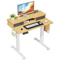 Inbox Zero Home Office Height Adjustable Electric Standing Desk w/ Storage Shelf Double Drawer in Brown | 52" H x 40" W x 23" D | Wayfair