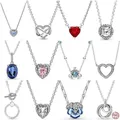 Women's jewelry 925 sterling silver shiny heart-shaped round sapphire pendant necklace fit original