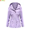 New Spring/Autumn 2023 Windbreaker Mid-length Women Hooded Coat Waist-tight Outdoor Raincoat