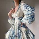 French Vintage Dress Women 2024 Spring V Neck Beaded Empire Chiffon Long Dress Autumn Printed